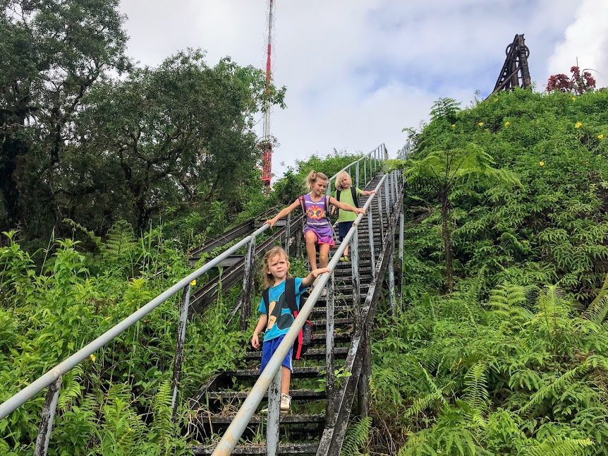 Kids on the stairs leading to the Mount Alava summit